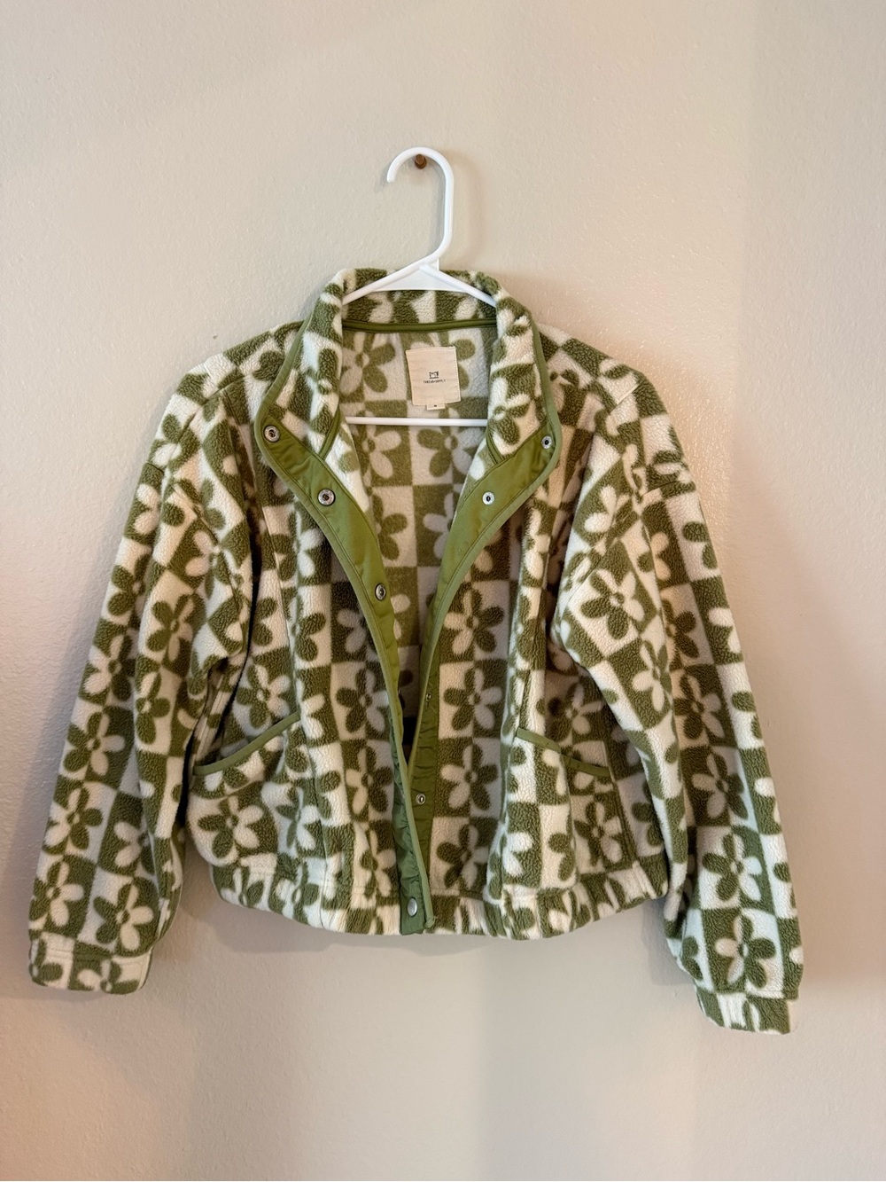 Thread & Supply Green and Cream Floral Grid Fleece Jacket
